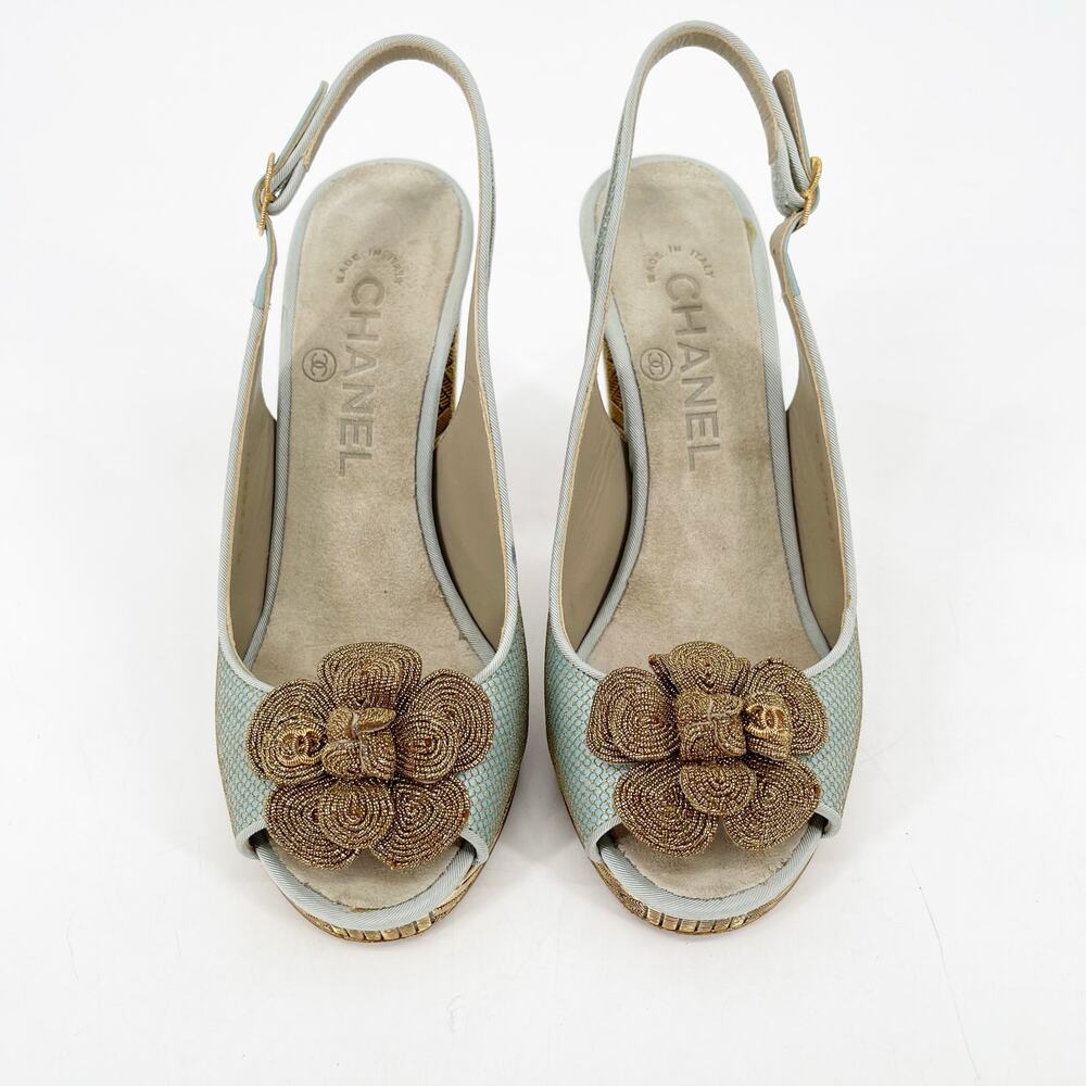 Chanel Cruise 2013 Metallic Gold Teal Satin Camellia Flower Slingback Heels 36C - Picture 6 of 13